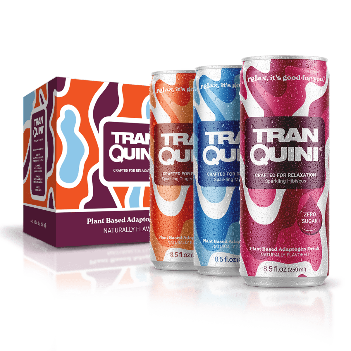 Image of a box of Tranquini beverages alongside three cans. The box is colorful with abstract patterns and reads "Plant Based Adaptogen Drinks, Naturally Flavored.” The cans, in blue, orange, and pink, are labeled as sparkling hibiscus, each containing 8.5 fl. oz and zero sugar. Shop now for ultimate relaxation!