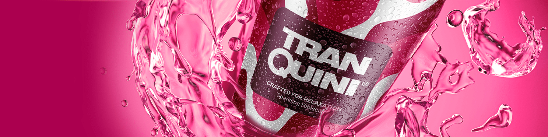 A can of Tranquini beverage splashes through vibrant pink liquid against a pink background. The predominantly silver can boasts a pink and white label that reads "Tranquini." Droplets of the hibiscus-hued liquid surround the can, emphasizing its refreshing nature.