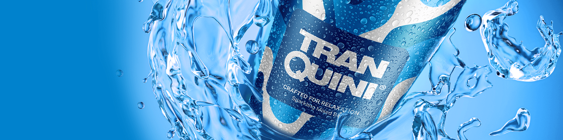 Close-up view of a blue can with "TRANQUINI" printed on it, featuring the tantalizing flavor of mixed berries. The can appears to be splashing in water droplets against a blue background, evoking a sense of refreshing tranquility.