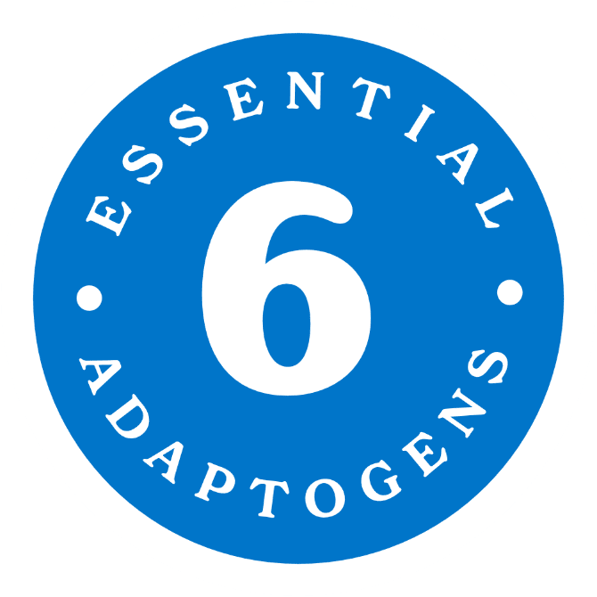 A circular blue badge with a white border features the number "6" prominently in the center. The words "ESSENTIAL ADAPTOGENS" are written in white, curved around the top and bottom edges of the badge, reminiscent of Tranquini's mixed berries blend.