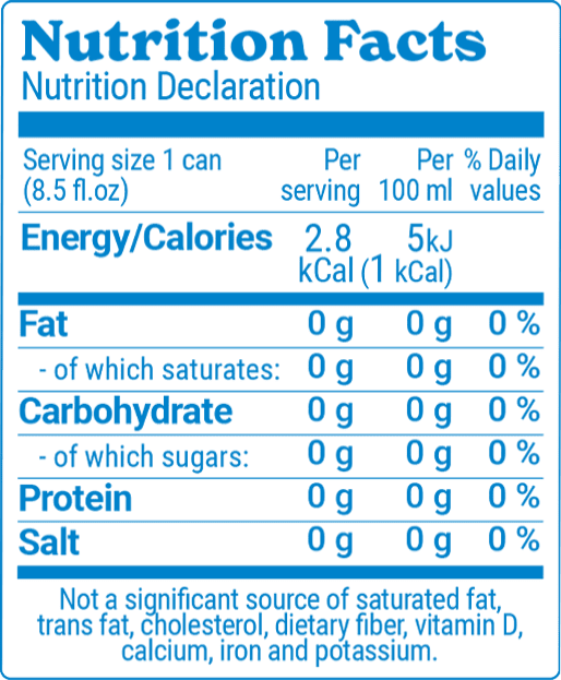 A nutrition facts label for an 8.5 fl oz Tranquini can, showing per serving and per 100ml values. It includes 2.8 kcal per serving, and 5 kJ per 100ml. No fat, carbohydrates, protein, or salt. No significant sources of other nutrients mentioned. Perfect addition to a Variety Pack for diverse options!