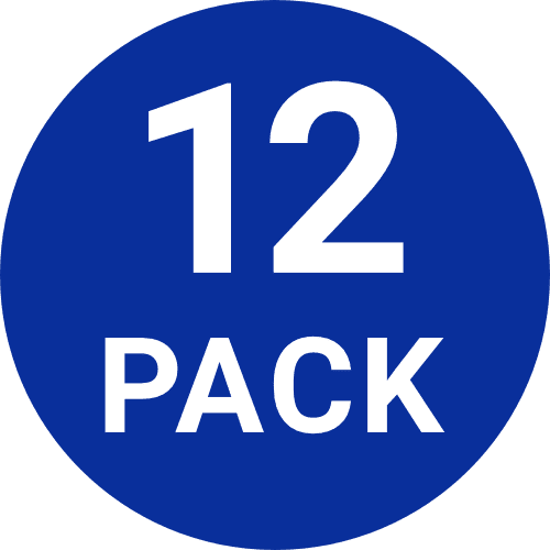 A blue circular icon with the text "12 PACK" in white, perfect for retail shopping. The number "12" is large and centered at the top, while the word "PACK" is in smaller, uppercase letters beneath it.