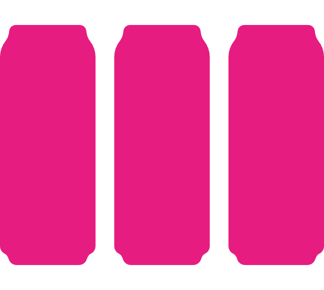 Three solid magenta-colored beverage can silhouettes are displayed in a row on a white background. Each can is evenly spaced from the others, with no visible details or labels, evoking the simplicity and consistency of a subscription service.
