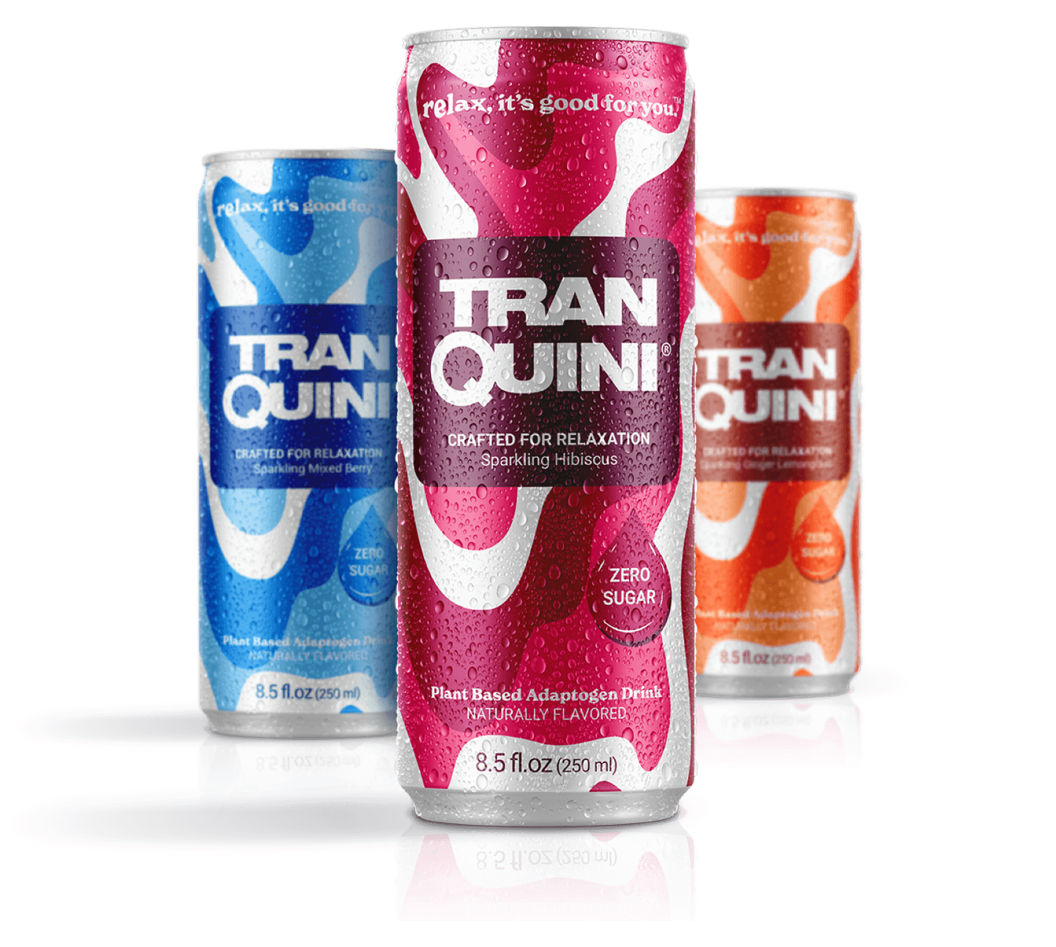Image of three Subscription beverage cans standing upright. The flavors include sparkling mixed berry (blue can), sparkling hibiscus (red can), and sparkling ginger lemongrass (orange can). The cans, covered in water droplets, have the slogan "relax, it's good for you." Consider a subscription for continuous calm.